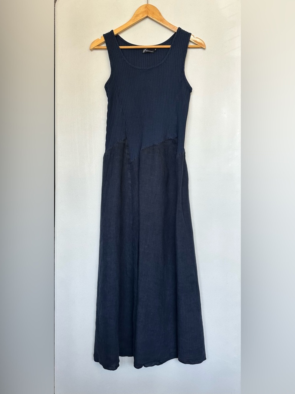 Mixed-Media Tie Dress -Sleeveless Navy Maxi Dress - Fenini S